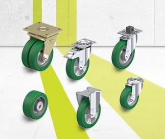 Séries de roues et de roulettes avec bande de roulement en polyuréthane Blickle Softhane
